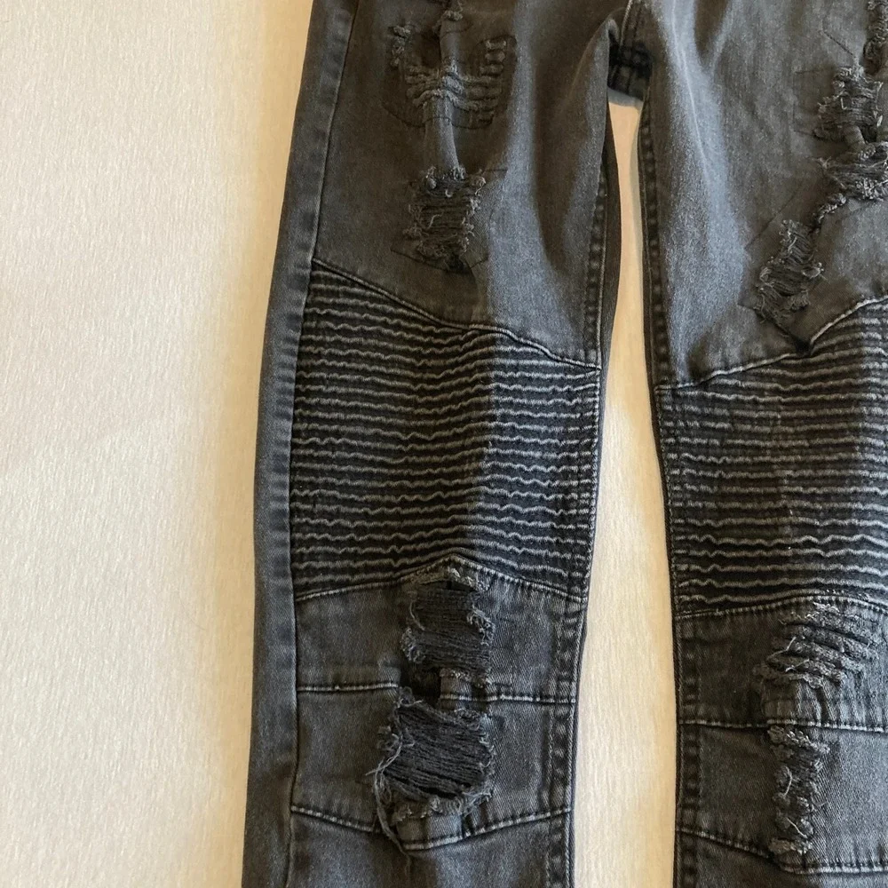 Waimea Men 36x32 (Fit‎ 36x28) Skinny Moto Distressed Jeans Faded Black Biker Rib